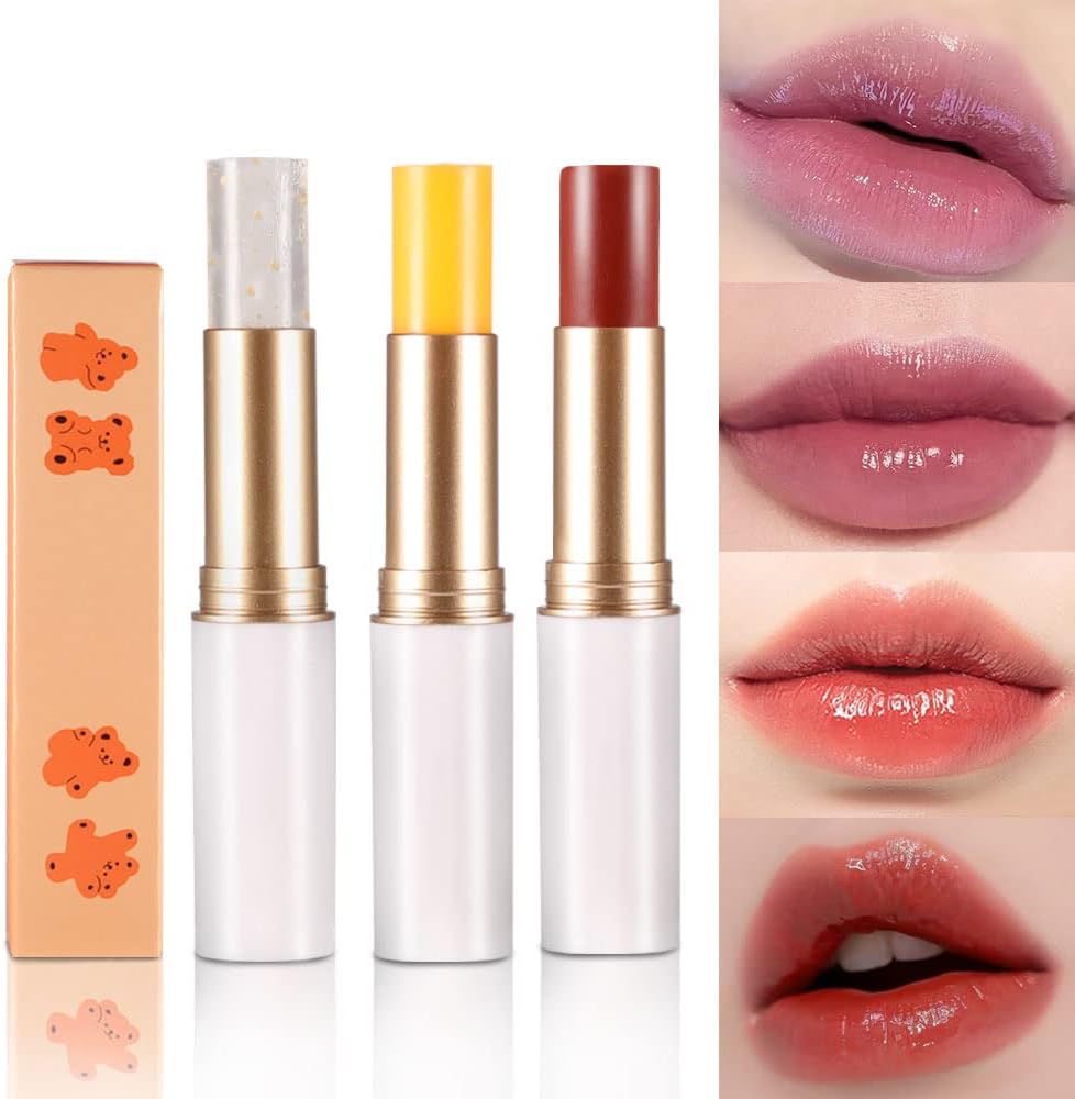 3 Pcs Color Changing Lipstick PH Lip Balm,Rich in Vitamin E for All-Day Moisture,Temperature Change Long Lasting Moisturizer Waterproof Korean Lip Balm Jelly Crystal Carrot Discoloration Lipstick Set