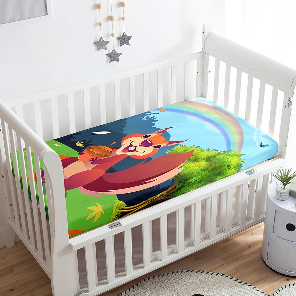 Odot Cot Bed Sheets Squirrel Pattern Bedside Cribs Fitted Sheets, Baby Bed Sheets Microfiber Cot Bed Mattress Protector, Bassinet Sheets, Easy Care Soft and Dureable (Green,80x160 cm)