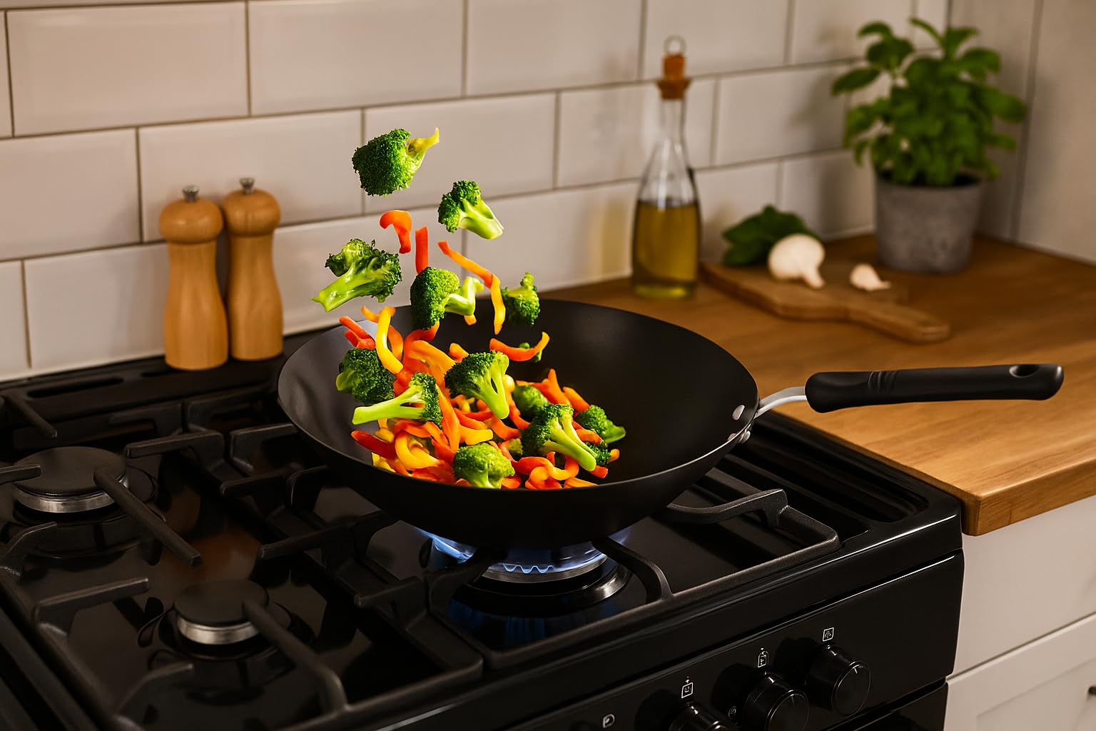 Wok traditionnel en acier au carbone 33 cm antiadhésif noir tous feux