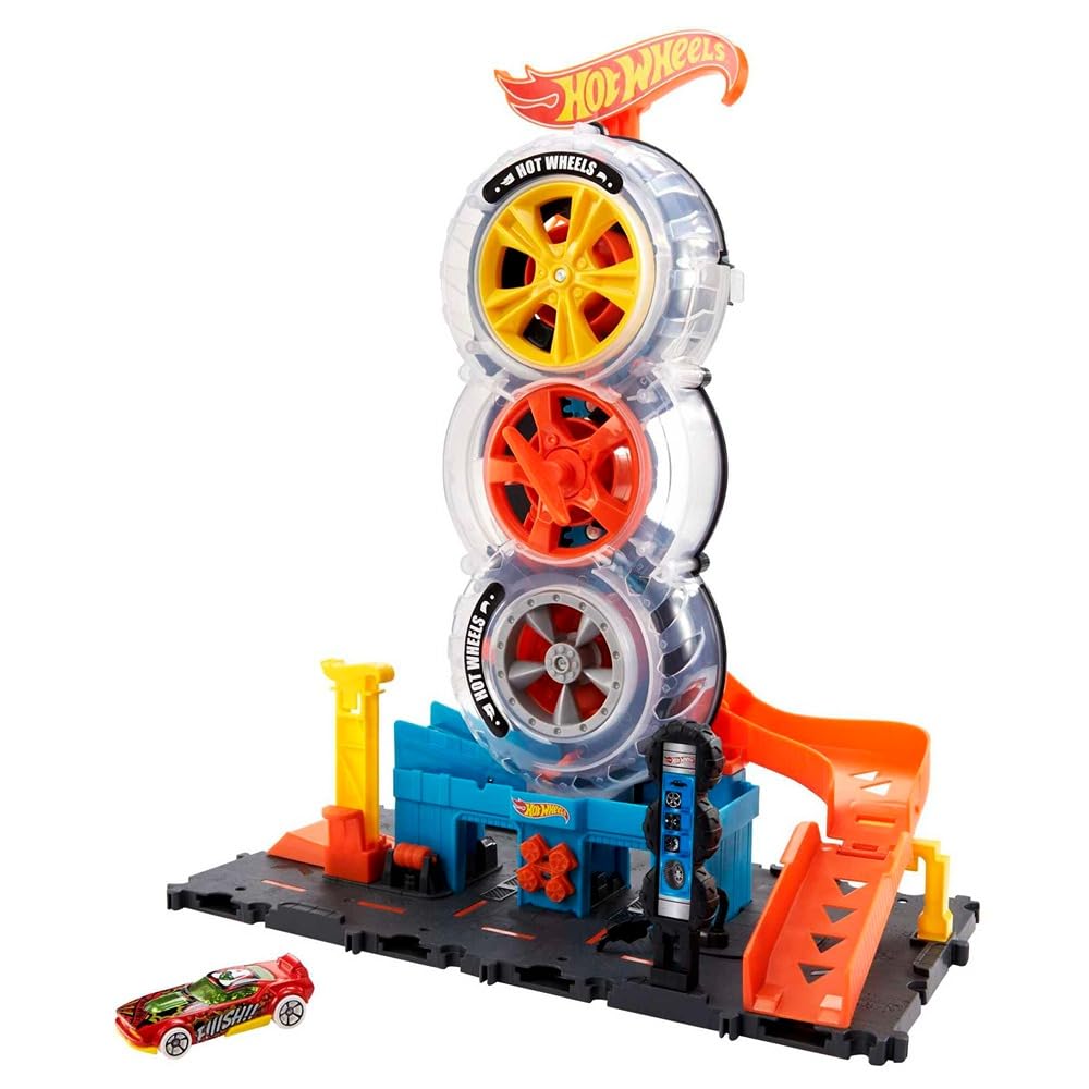 Hot Wheels City Super Twist Tire Shop - Taller con Rueda Gigante - Incluye Coche - Compatible con Conjuntos Hot Wheels - Regalo para Niños de 4-8 Años, HDP02