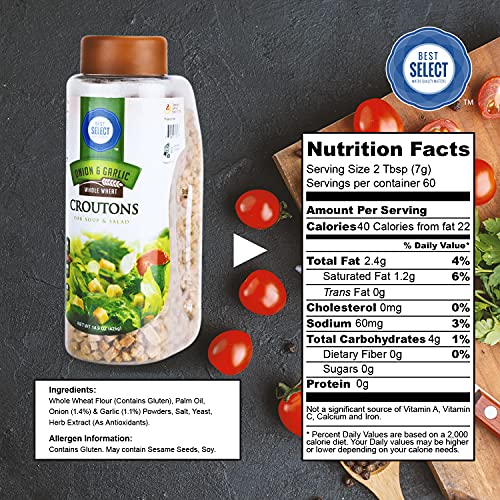 15 Oz Best Select Mini Croutons for Salad 2 Pack | Whole Wheat Onion Garlic Croutons for Soup, Stuffing, Seasoning & Snacking| Kosher Non-Dairy Salad Toppings Crunchy & Savory in Resealable Container