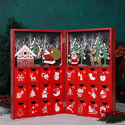 Juegoal Pre Lit Red Advent Calendar Wooden Lighted Christmas Book, Premium Hand Painted Christmas 24 Drawers Countdown To Christmas, Refillable Wooden Advent, Cute Holiday Decoration #TOP5