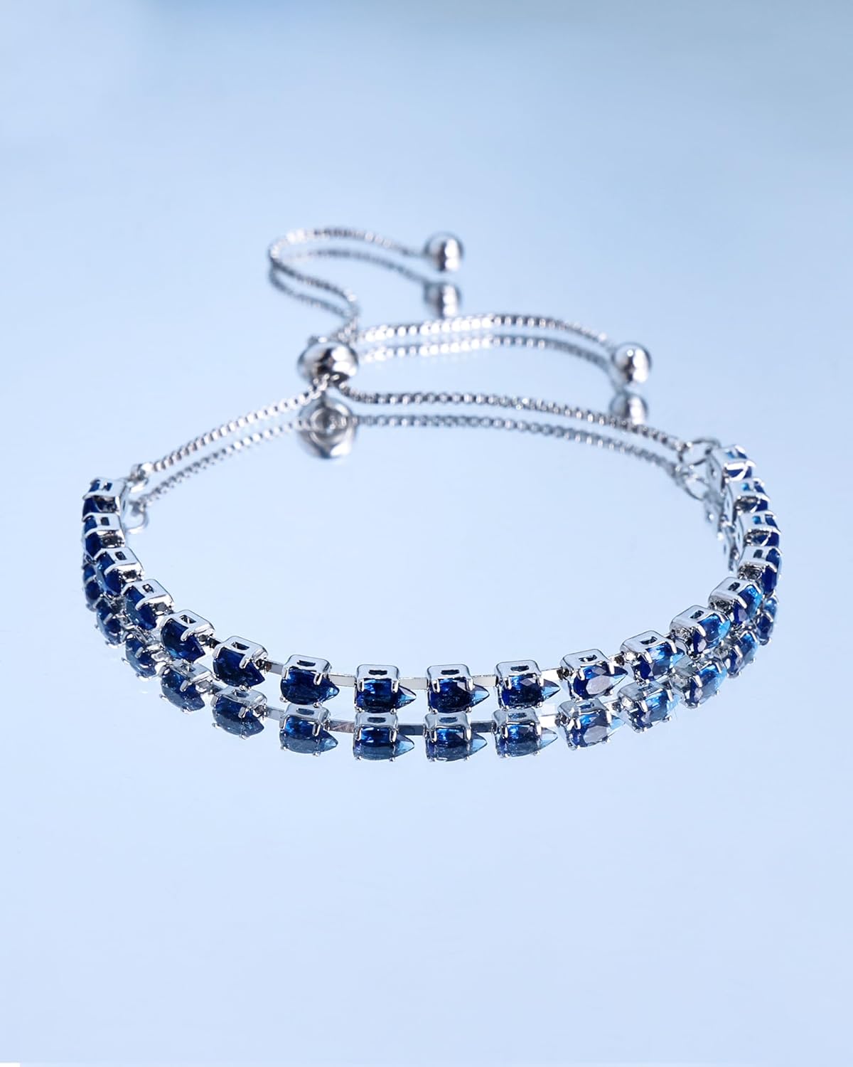 Blue Chain Bracelet for Women Adjustable Chain Bracelet with Teardrop Blue Rhinestone in Sterling Silver Plated Chain, Dainty Tennis Jewelry Gift for Her Mom Wife Anniversary Christmas Jewelry - Image 2