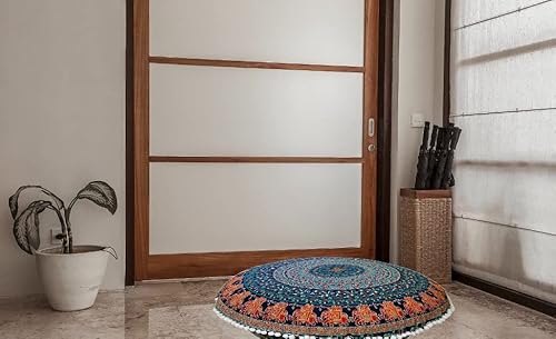 Third Eye Export 32" Blue Mandala Hippie Room Decor Floor Pillow Meditation Cushion Round Pillows Seating Cushions Cover Outdoor Pouf Circle Boho Gypsy Yoga Covers #TOP6