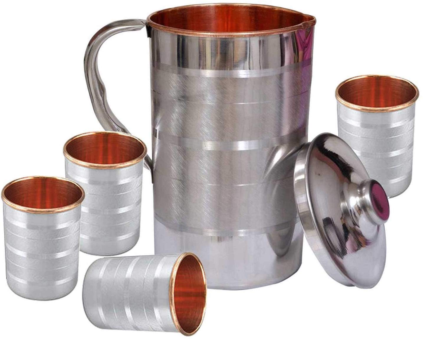 K K TradersHandmade 1.6 Litre Pure Copper Steel JUG with 4 Copper Steel Gl (300ml Each), 100% Leak Proof and Joint Free
