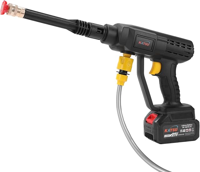 KATSU FIT-BAT 21V Cordless Pressure Washer with 4.0Ah Battery and Charger, Portable High Pressure Washer Cleaner Gun with 2 Nozzles and Hose Kits for Patio Cleaning Car Washing Garden Watering
