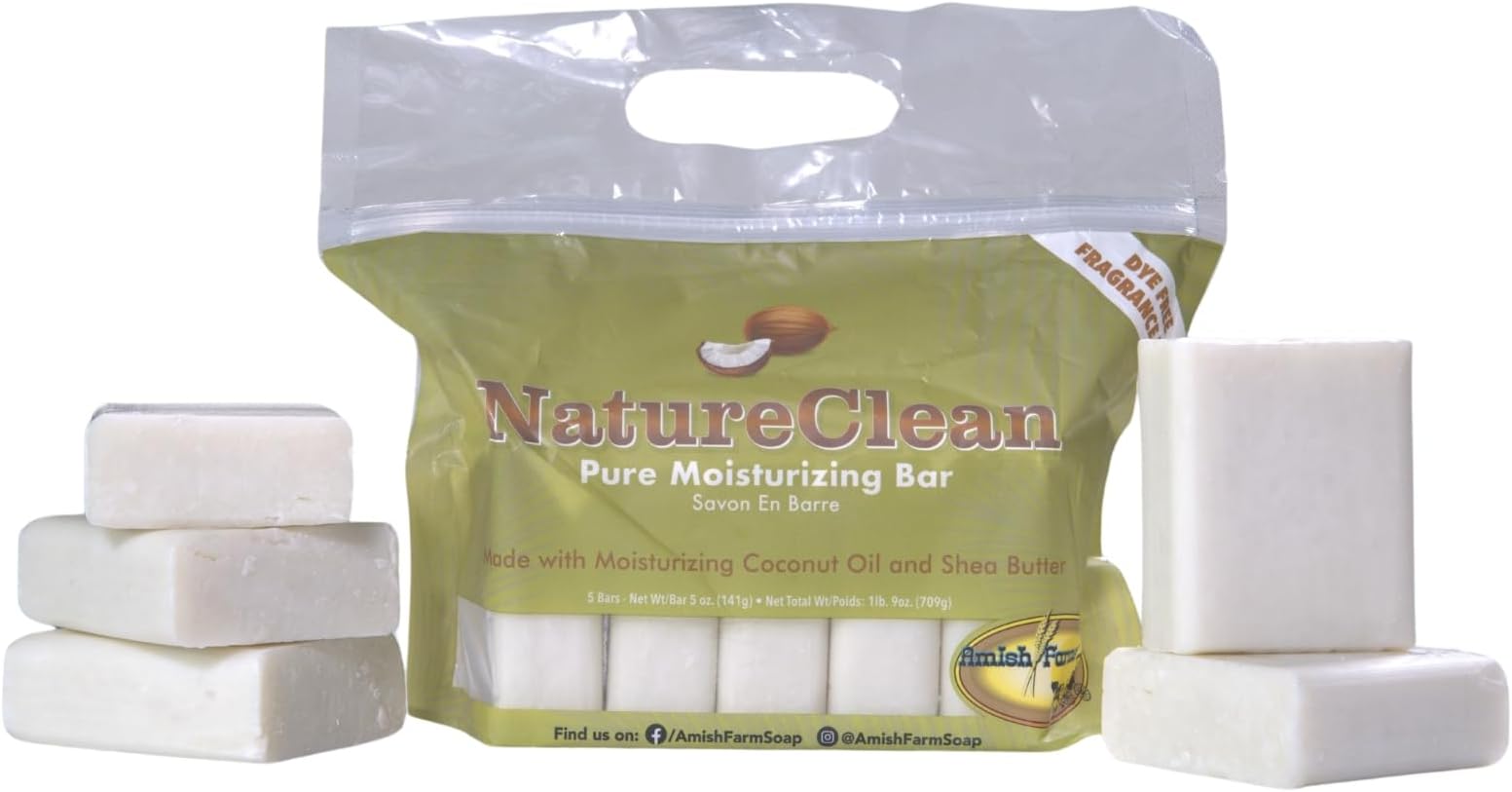 Amish Farms NatureClean Fragrance Free Bar Soap 5 oz Bars (5 Pack) with Bentonite Clay, Coconut Oil and Shea Butter, for Women, Men, Moisturizing for Sensitive Skin, Body, Face, Hand, Made in the USA
