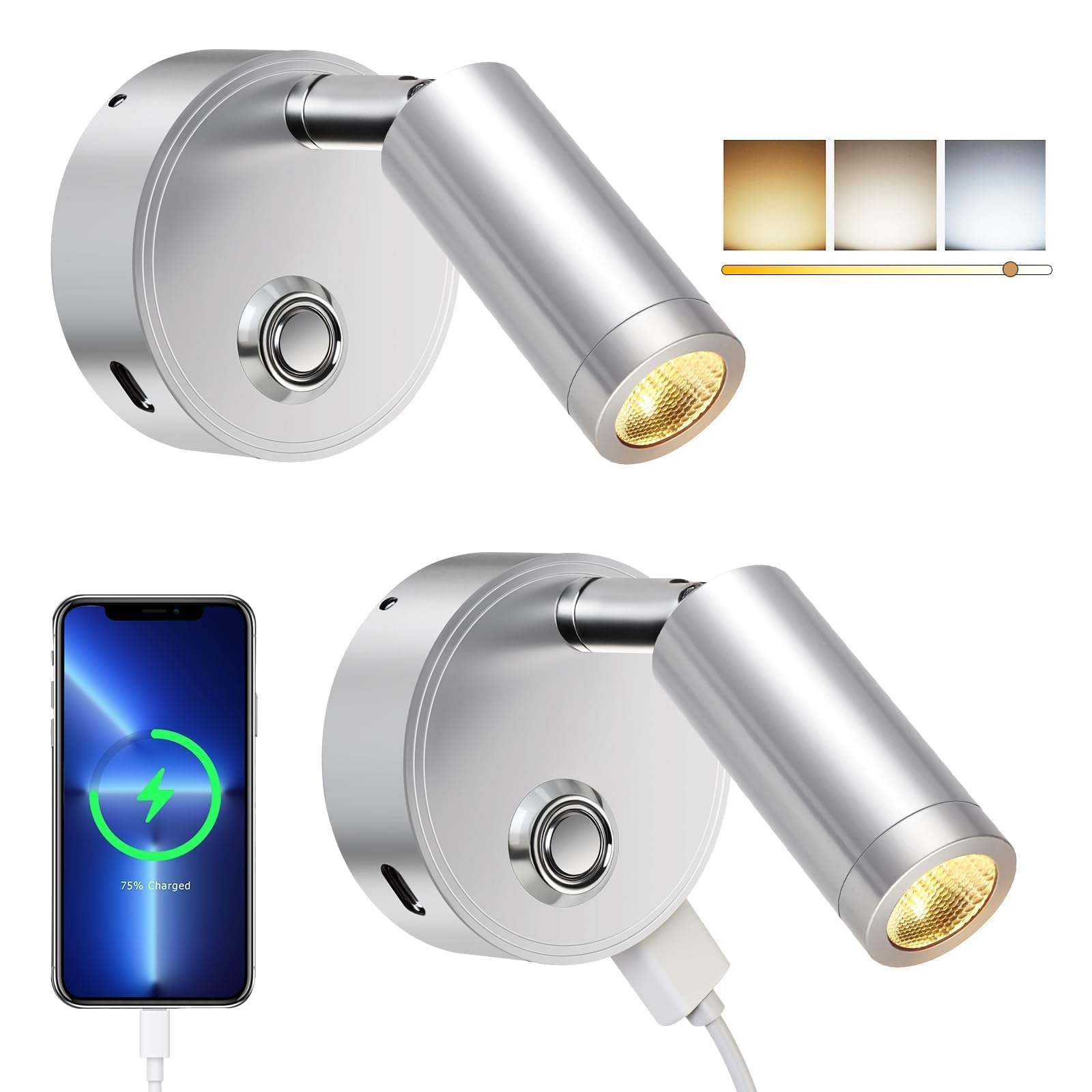 ERWEY 2 Stück LED Leselampe 12V Wohnmobil Touch Dimmbar 3 Farbtemperatur Modi mit Ladefunktion USB A+C-Anschlüssen, DC 12V-24V Spot Innenbeleuchtung für Boot Auto Camper Van Yacht, Silber