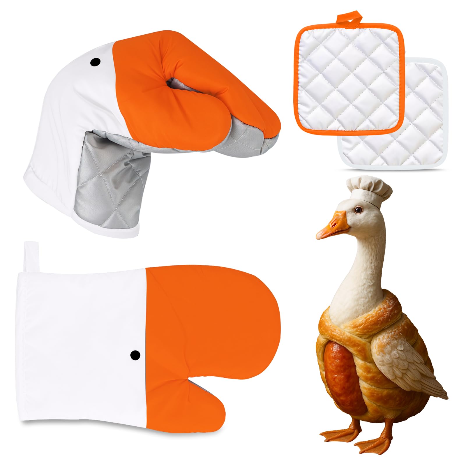 Goose Ofenhandschuhe und Topflappen, 4-teiliges Set, hitzebeständige Küchenhandschuhe, lustige Tier-Ofenhandschuhe, recycelte Baumwollfüllung, Silikon, rutschfeste Handschuhe zum Kochen, Backen