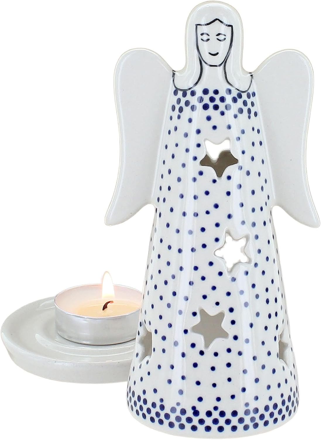 Blue Rose Polish Pottery - Blue Small Dots Small Angel Luminary - 6.25" Tall - Hand-Painted Polish Pottery Holiday Candle Holder, Unique Christmas Gift & Festive Décor