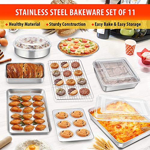Teamfar Bakeware, Stainless Steel Bakeware Set With Baking Sheet And Rack, Lasagna Pan With Lid, Square & Round Cake Pan With Lid, Muffin Pan & Loaf Pan, Pizza Pan, Healthy & Dishwasher Safe #TOP2