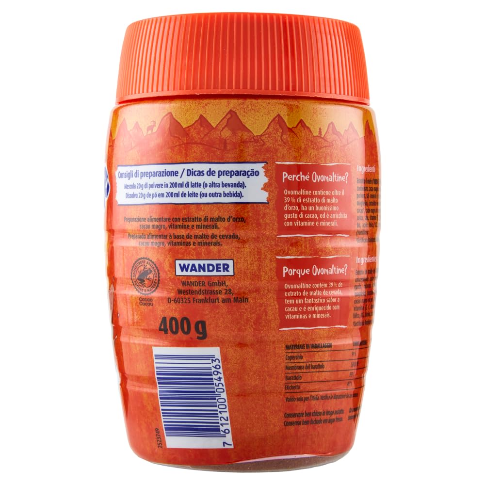 Ovomaltine - Preparación soluble para bebidas a base de malta de cebada y cacao con vitaminas y minerales, 400 g + Polpa italiana Gourmet 400 g