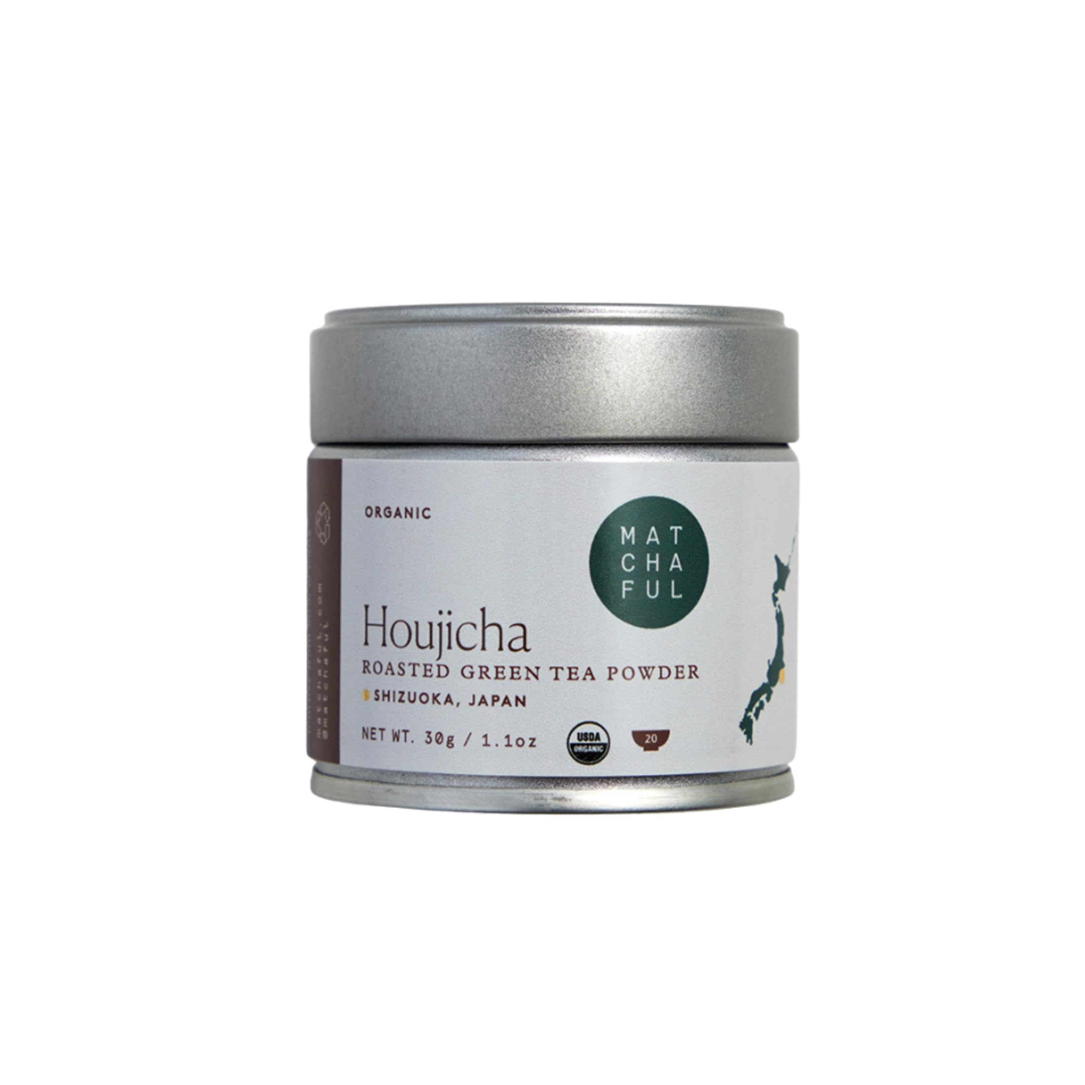 Matchaful Houjicha Powder - Organic Roasted Green Tea Powder - Smooth and Earthy with Flavor Notes of Coffee, Puffed Rice, Cacao - Enjoy Hot or Iced - 30g Tin