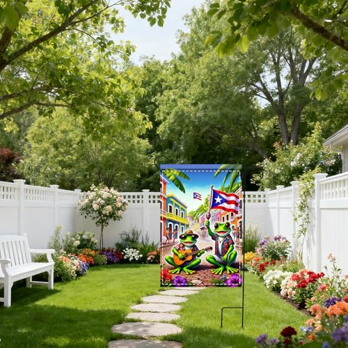 Image of Nuxovilar Puerto Rico Garden Flag Frog Guitar Polyester Decor 12x18inch