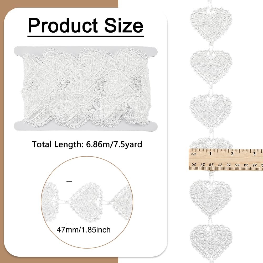 FINGERINSPIRE 7.5 Yards/6.86M Heart Applique Lace Trim in White, Polyester Material, Perfect for Wedding & Romantic Occasions - Image 2