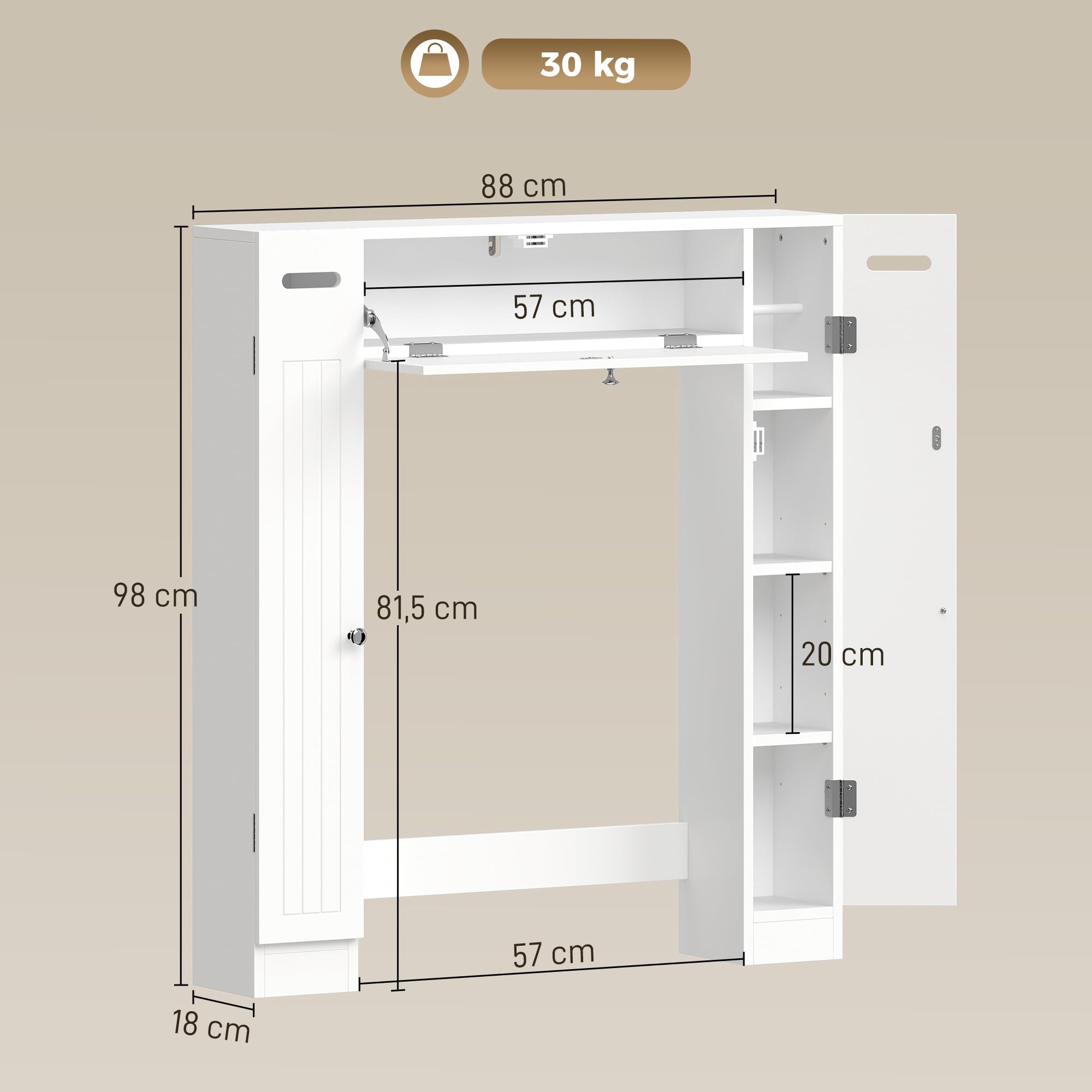 HOMCOM Meuble WC Dessus de Toilette, Armoire au-Dessus des Toilettes avec 2 placards, tiroir basculant, Porte-Papier et étagères réglables, 88 x 18 x 98 cm, Blanc