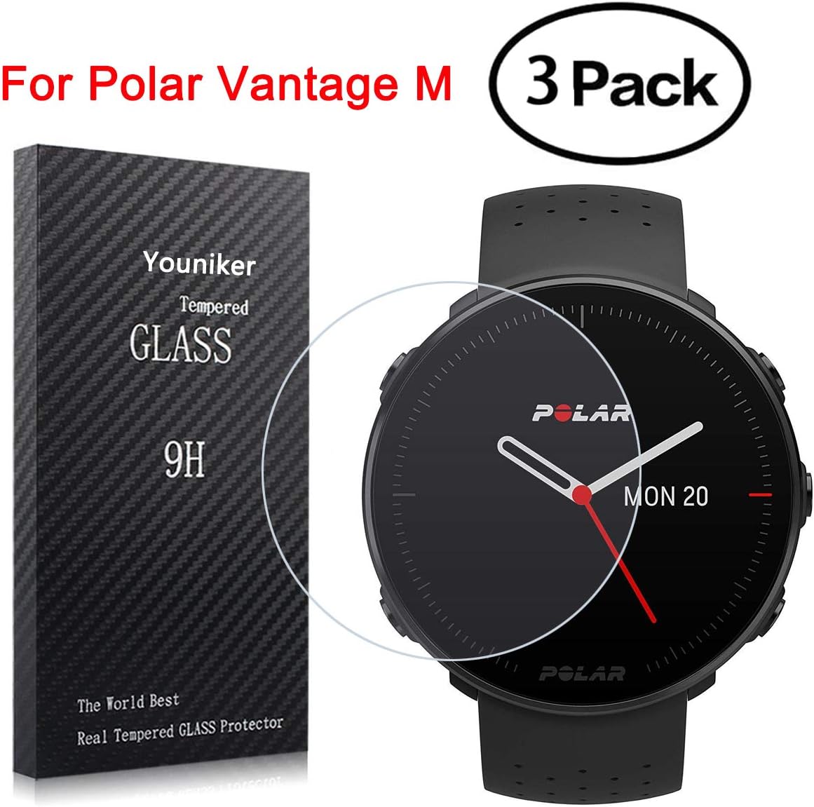 Youniker 3 Pack for Polar Vantage M Screen Protectors Tempered Glass for Polar Vantage M Multisport Smart Watch Screen Protector Foils Glass Anti-Scratch Anti-Fingerprint Bubble Free