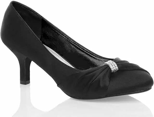 Black Satin Low Kitten Heel Court Shoes with Diamante Buckle for Women