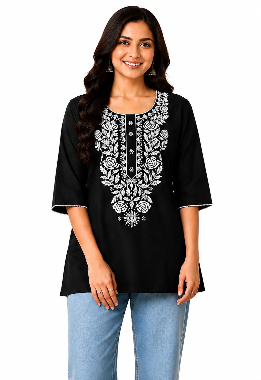 Women's Cotton Embroidered Short Kurti | Floral Printed 3/4 Sleeve Round Neck Casual Western Top for Women | Regular Fit Tunic Top-picture-57