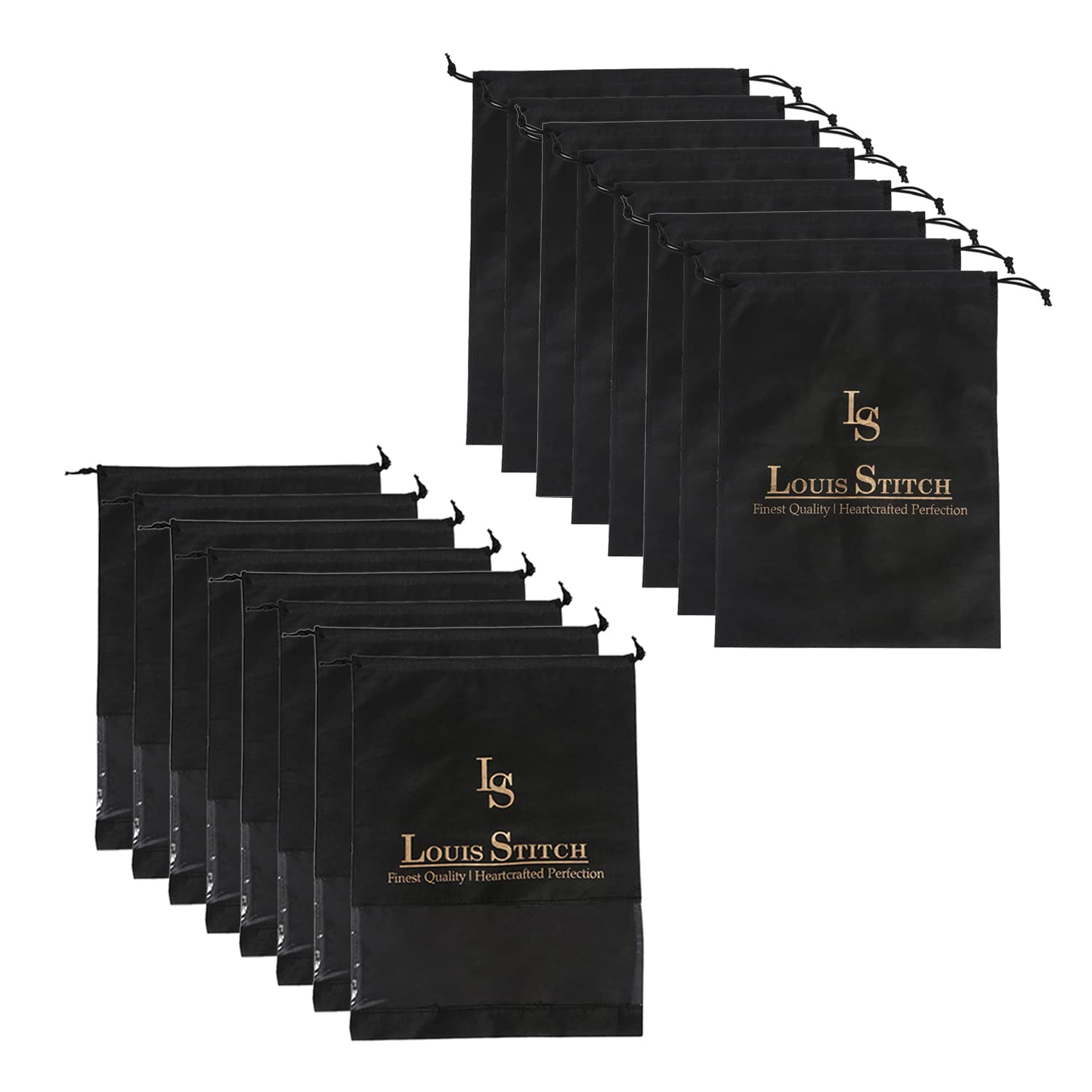 LOUIS STITCH Non-Woven Shoe Bag Travel Accessories Shoes Storage Cover Waterproof String Bag's Organizer Combo for Men Women Unisex (Pack of 16) (Black Plain & See-Thru)