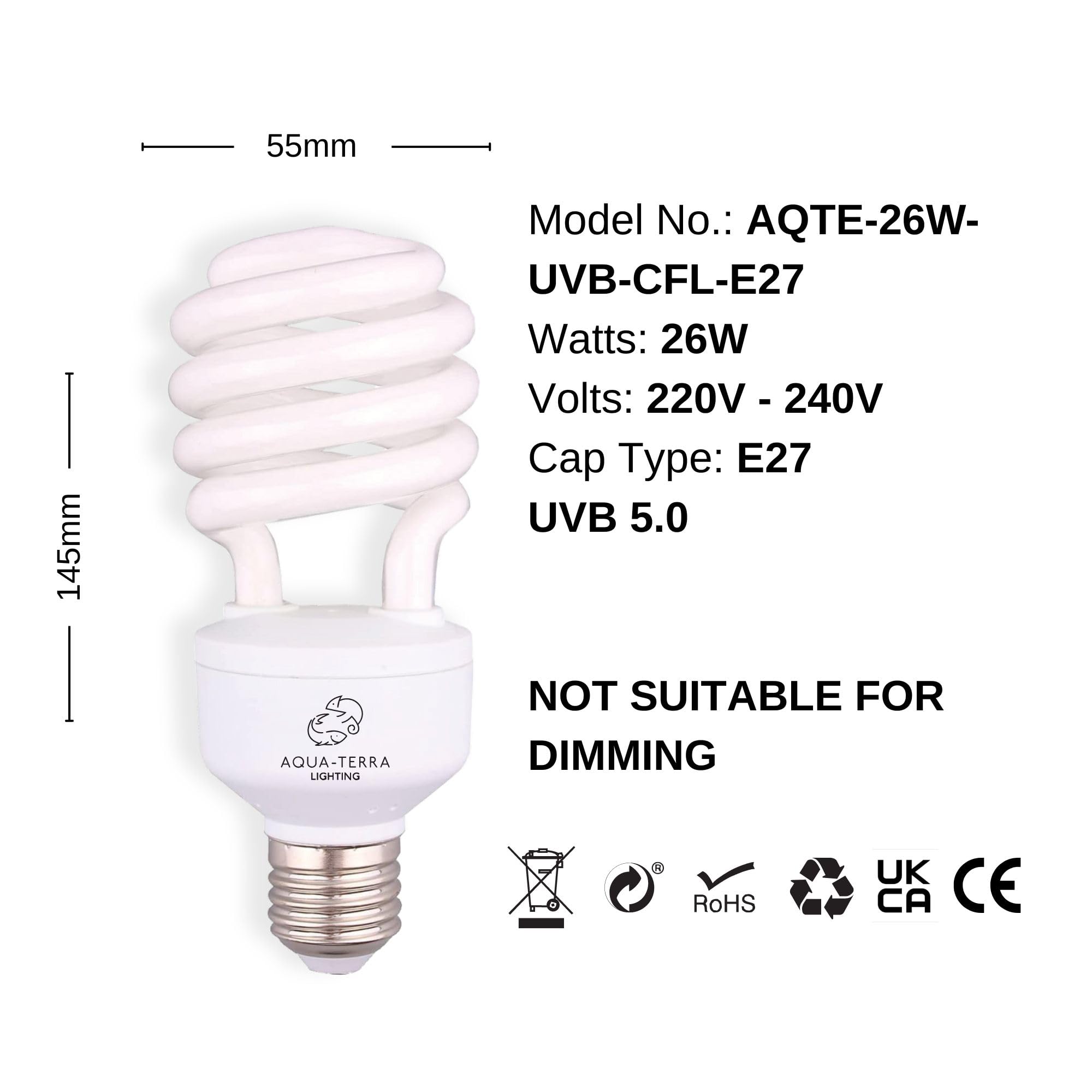Bombilla UVA UVB tropical 5.0 de 26 W, ideal para acuarios/terrarios con terrapinas, tortugas de caja, ranas, serpientes y pájaros, base de rosca estándar E27, ideal para efecto de
