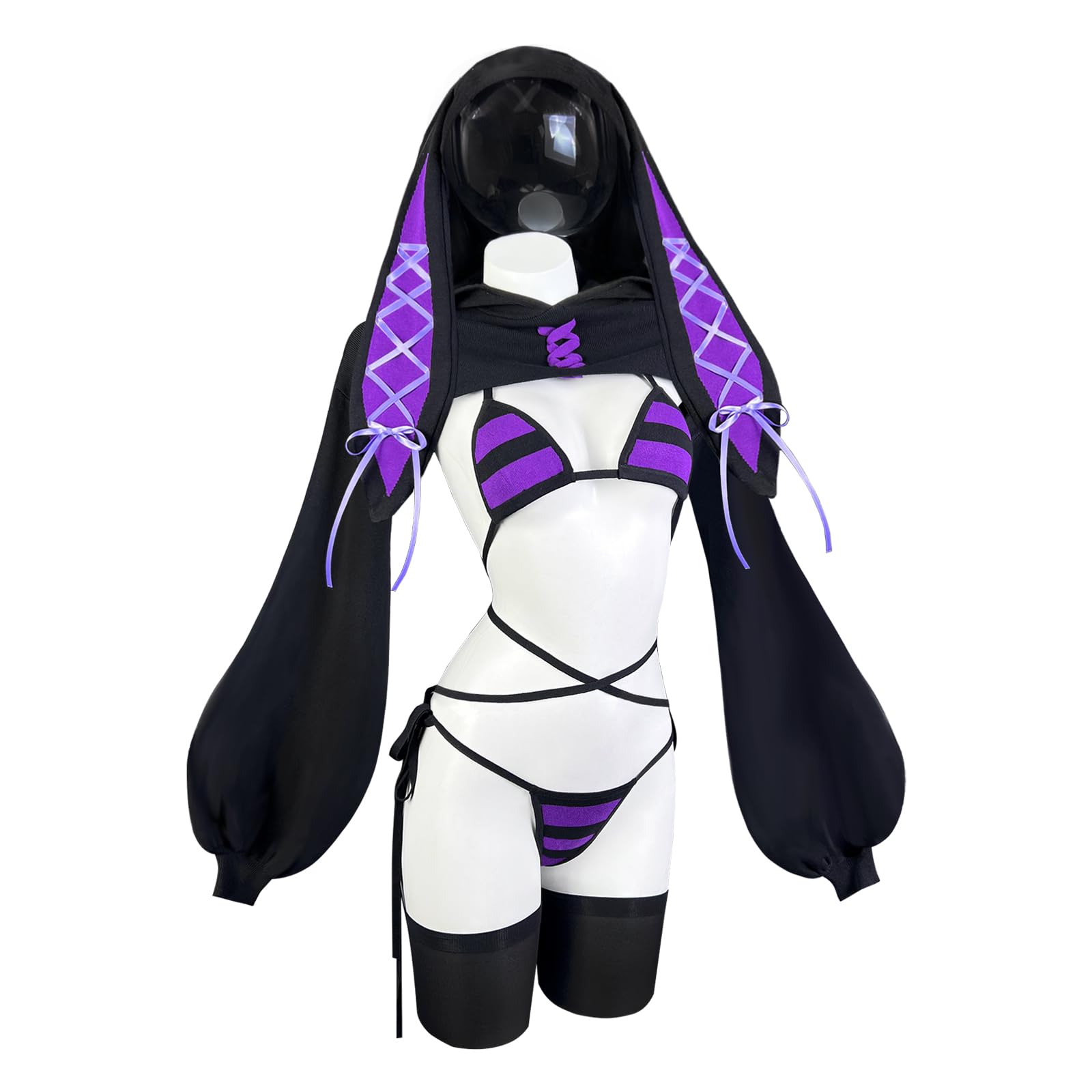 KORURACLUB Sexy Bunny Girl Lingerie (4 Piece Set) Bikini Bunny Bodysuit Cosplay Party Anime Costumes - XS-M - Striped rabbit black