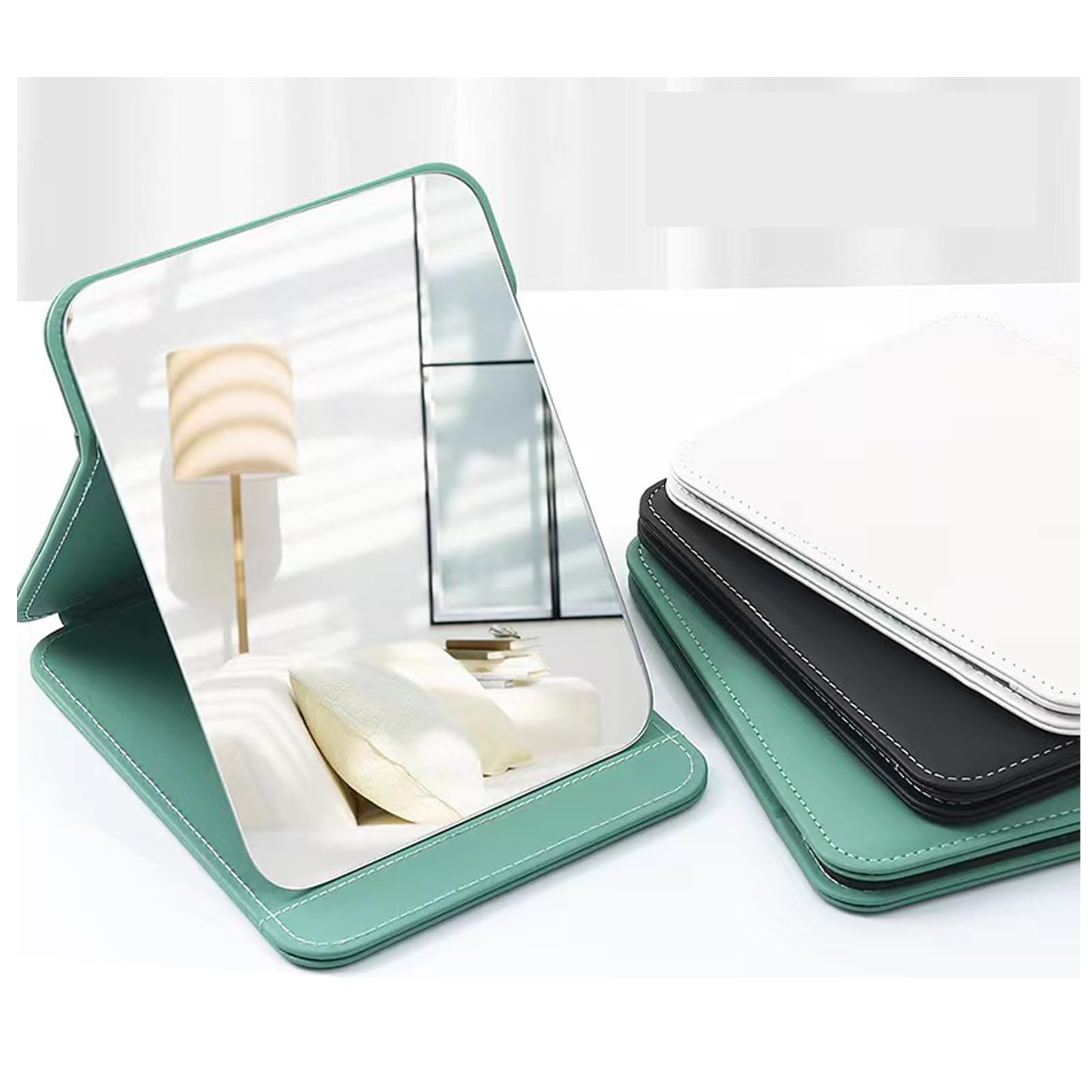 GSHUR Portable Folding Mirror, Compact Makeup Mirror, PU Leather Travel Mirror, Foldable Vanity Mirrors, Free Standing Tabletop Mirror (green)