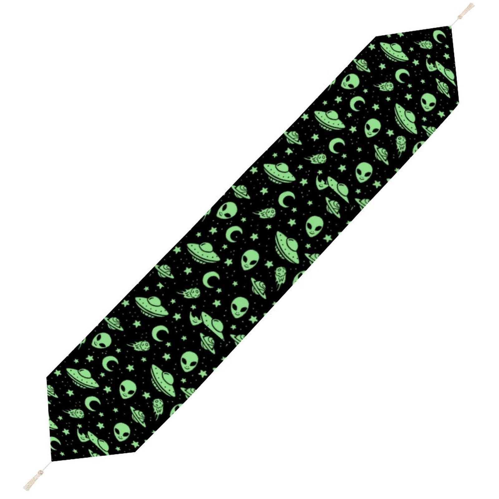 JZemdybill 178*33cm Table Runner with Tassel, Green Alien Moon Table Runner, Table Decoration for Kitchen, Party, Restaurant
