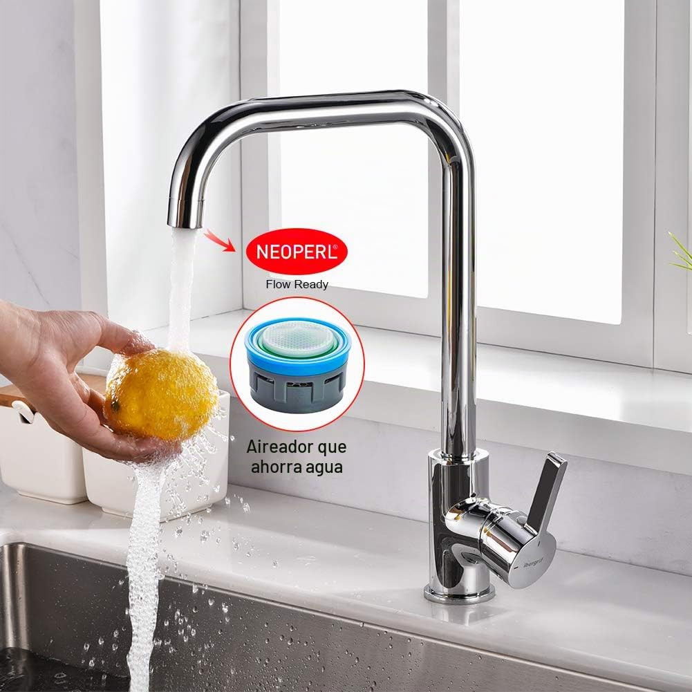 Ibergrif M22105 Grifo de Cocina con Caño Alto, Grifo para Fregadero Giratorio 360 °, Cold Start, Ahorro de Energía, Cromado