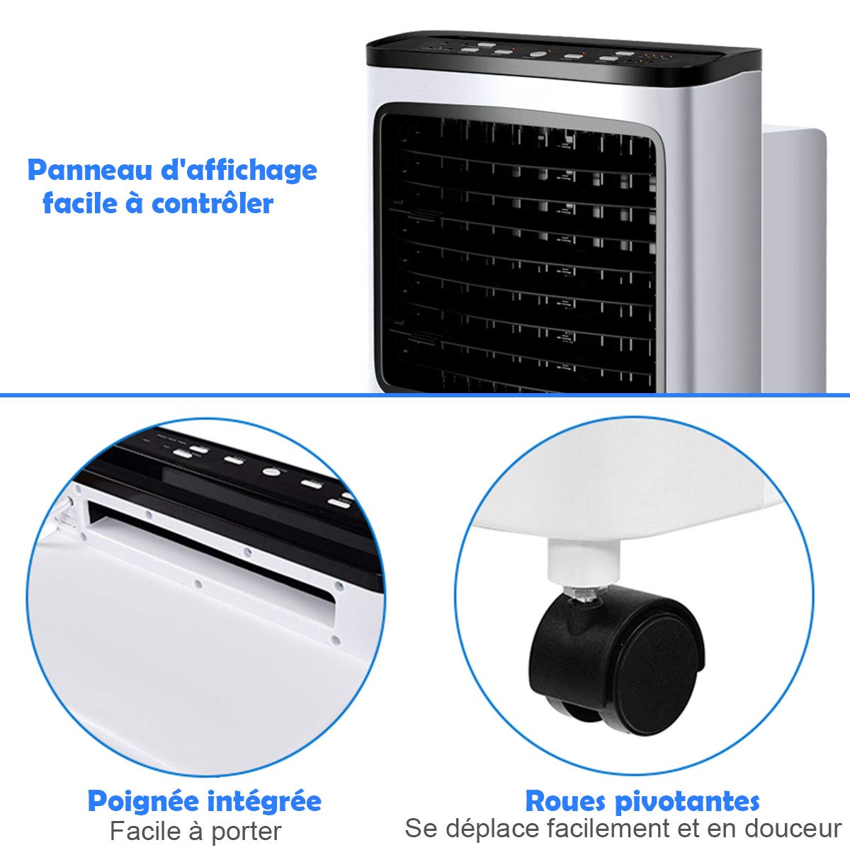 COSTWAY Rafraîchisseur d'Air Silencieux 4 EN 1,Climatiseur Mobile sans Évacuation 8L,Refroidissement,Humidificateur,Auto-Oscillation 70°,Minuterie 8H,2 Pain de Glace,Mini Clim Faible Conso