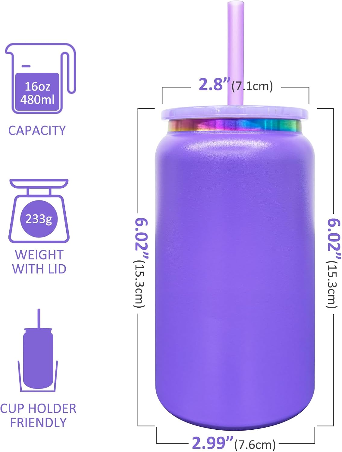 Glass Cups with Lids and Straws, 16 oz Stainless Steel Cups, Insulated Skinny Tumbler, Powder Coated Travel Mugs for Laser Engrave, Iced Coffee Cup for Smoothie Water DIY Gift (Purple,1 pack) - Image 2