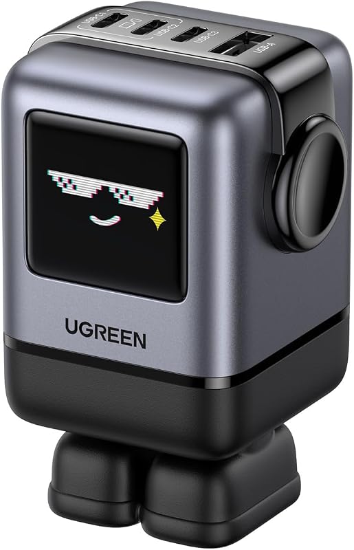Cargador de pared Uno de 100 W y 4 puertos USB C, bloque de carga rápida GaN, negro | Diseño de robot juguetón, pantalla LED, regalo único, carga rápida para MacBook, iPhone 17, Galaxy S26, Pixel, iPad, Steam Deck