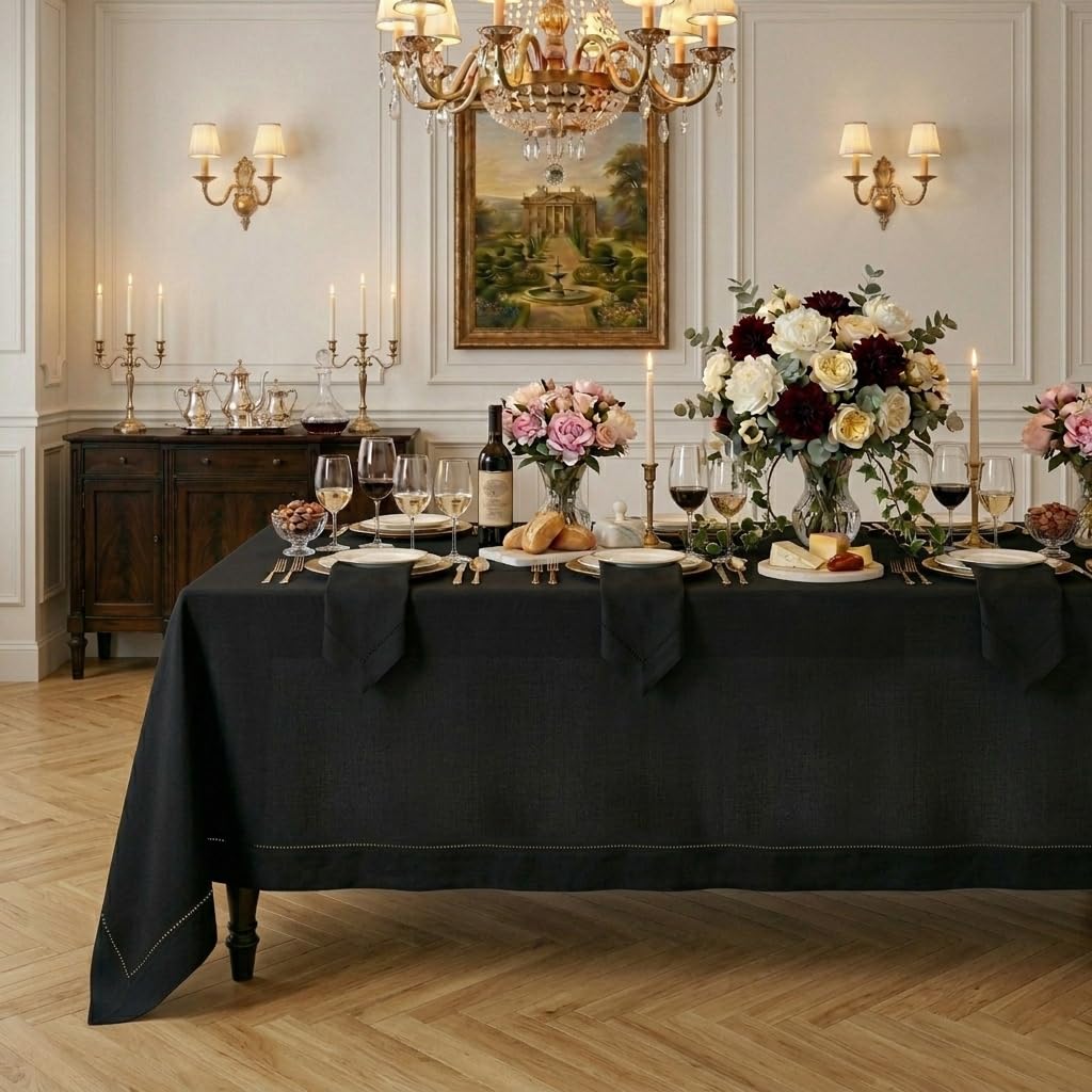 Signature Linen™ by D'Moksha Black Tablecloth, Dining Tablecloth 150 x 270 cm, 100% Pure Linen, Hemstitch, Machine Washable Table Cloth for Dining- Summer