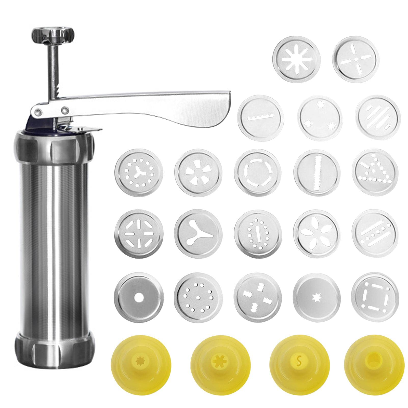 25pcs Press Set with 20 Cookie Discs and 4 Nozzles, Aluminum Alloy Biscuit Maker Tool for Home DIY and Decoration (Silver/Yellow)