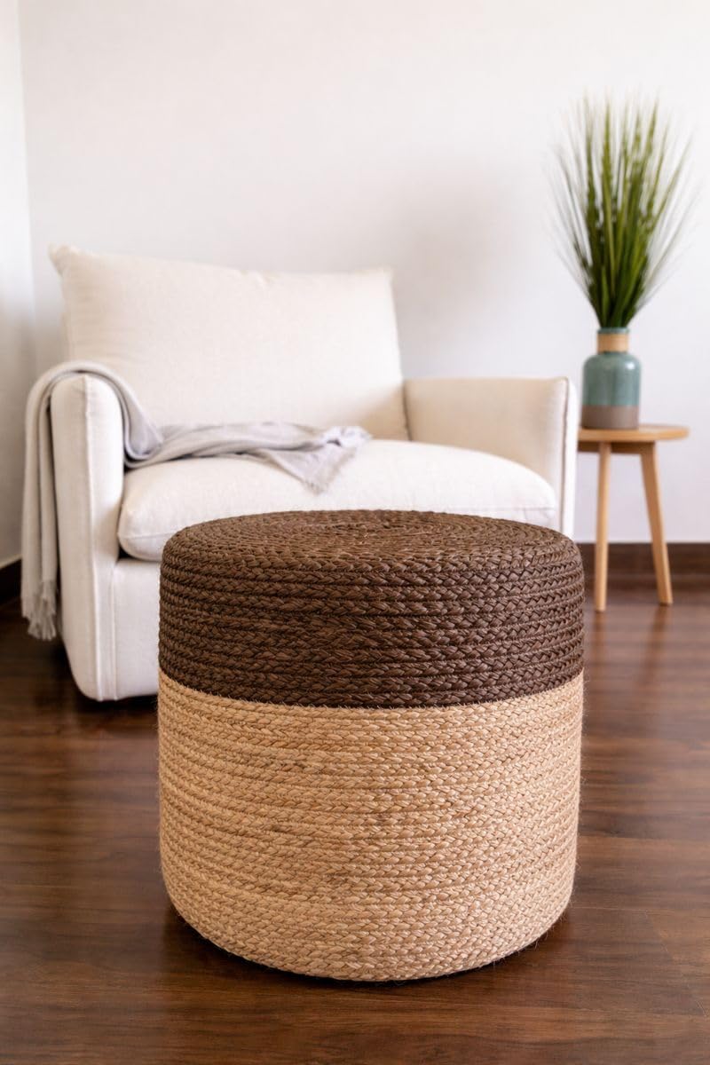 S & L Homes Pouf Ottoman - 100% Jute Braided Footrest Pouf Hand Knitted Traditional Cord Boho Pouffe for Living Room, Bedroom, Nursery, Patio, Lounge