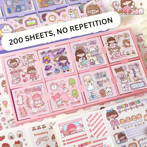 Image of FAMOUS QUALITY Long Box Stickers-200 Sheets Kawaii Aesthetic Stickers for Scrapbooking, Journaling, DIY Crafts & Gifts-Cute Girls Travel-Themed Paper Stickers for Kids,Teens & Stationery Lovers