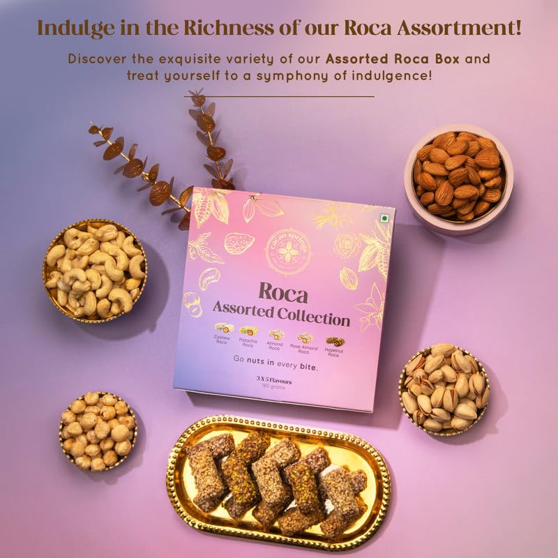 Image of Cacao Springs Assorted Roca Chocolates Combo (Almond, Cashew, Pista, Rose & Hazelnut), Premium Choco & Nut Delicacy Treats, Premium Gift Box for Christmas Gifts, 15 Pieces in Each Box, 1 Box, 180gm