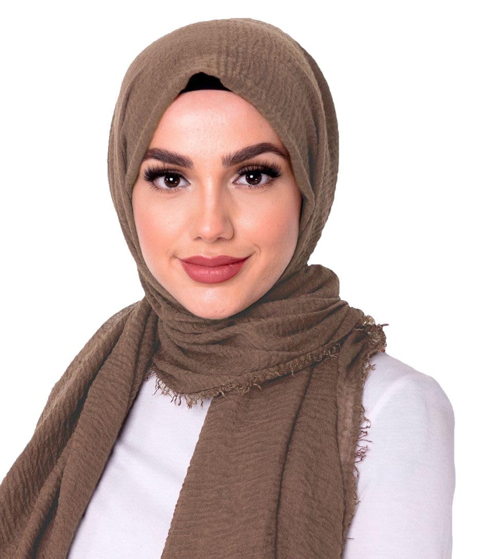 Shoes Lane Ladies Maxi Long Crinkle Frayed Edges Crimp Mix Cotton Scarf Hijab Shawl Wrap (Chocolate)