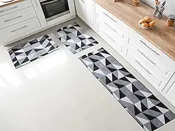 Jogo Tapete para Cozinha Antiderrapante em Jacquard - 1,30x0,45m e 65x45cm (Triângulos Preto)