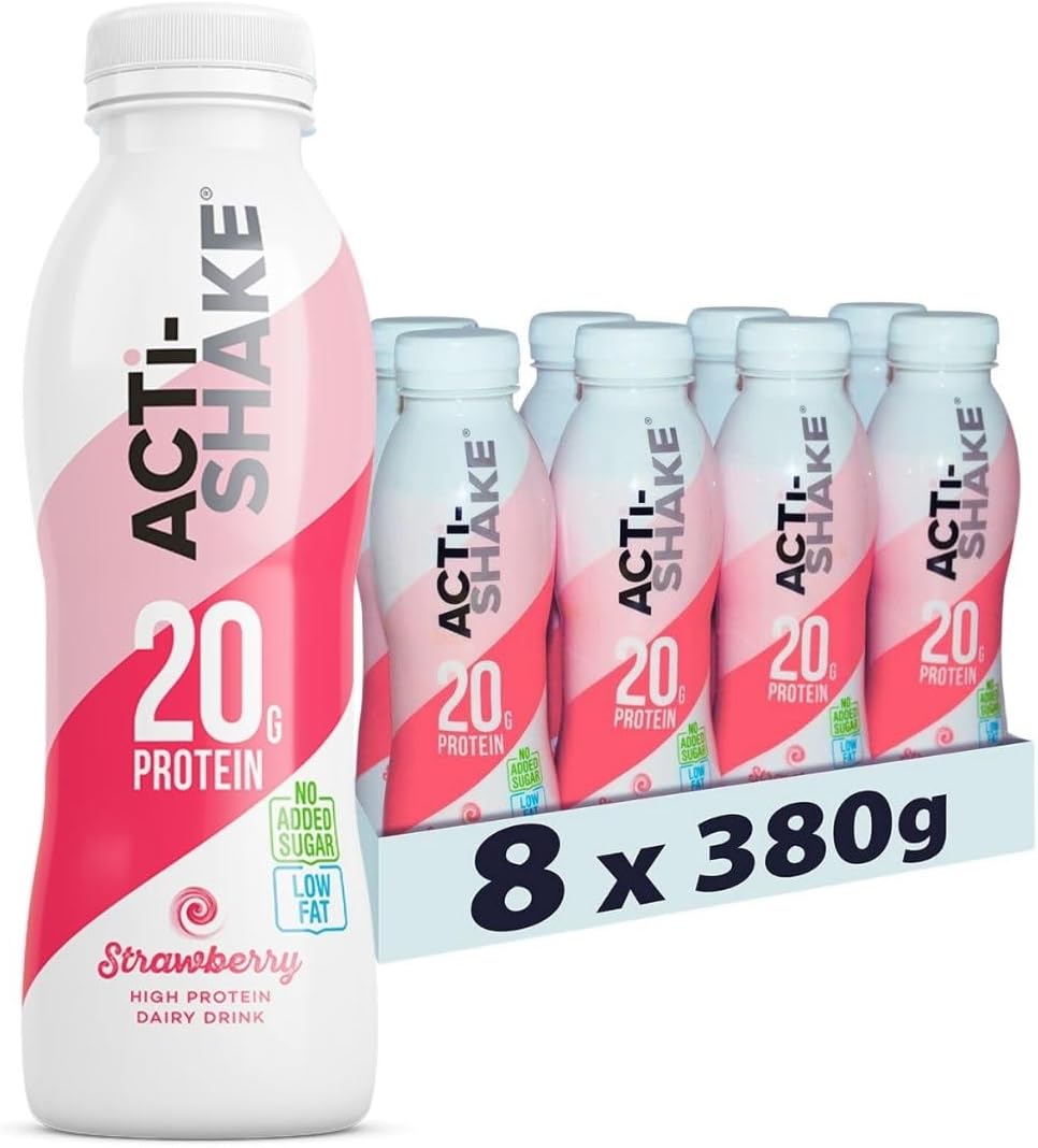 Acti-Shake Strawberry High Protein Dairy Drink 380g (Pack of 8) - 20g of Protein per bottle - Ready to Drink - Low Fat and No Added Sugars - 185 kcal - Multipack