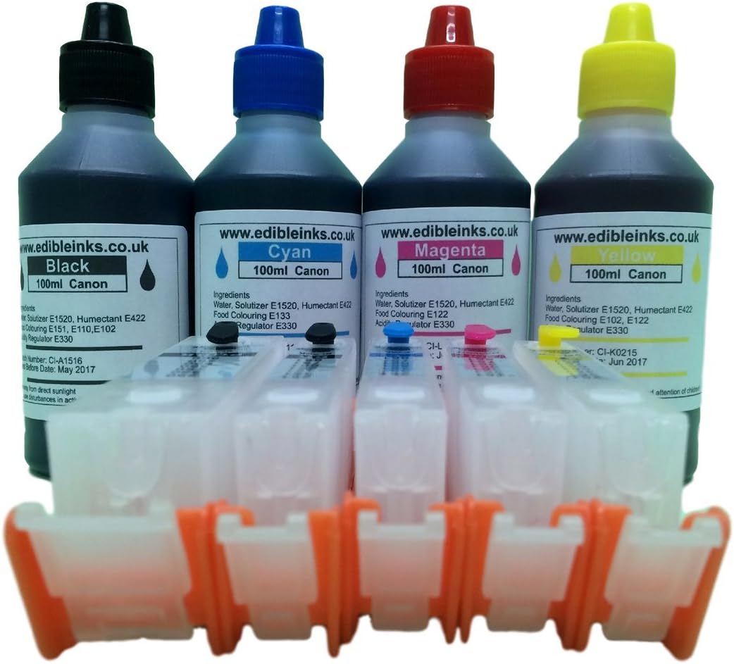 PGI-550/CLI-551 Edible Ink refillable Cartridge kit consisting of, a Set of 5 Empty refillable Edible Ink cartridges and 400ml of Edible Ink for use on Canon Printer Models IP7250, MG5450, MG5550