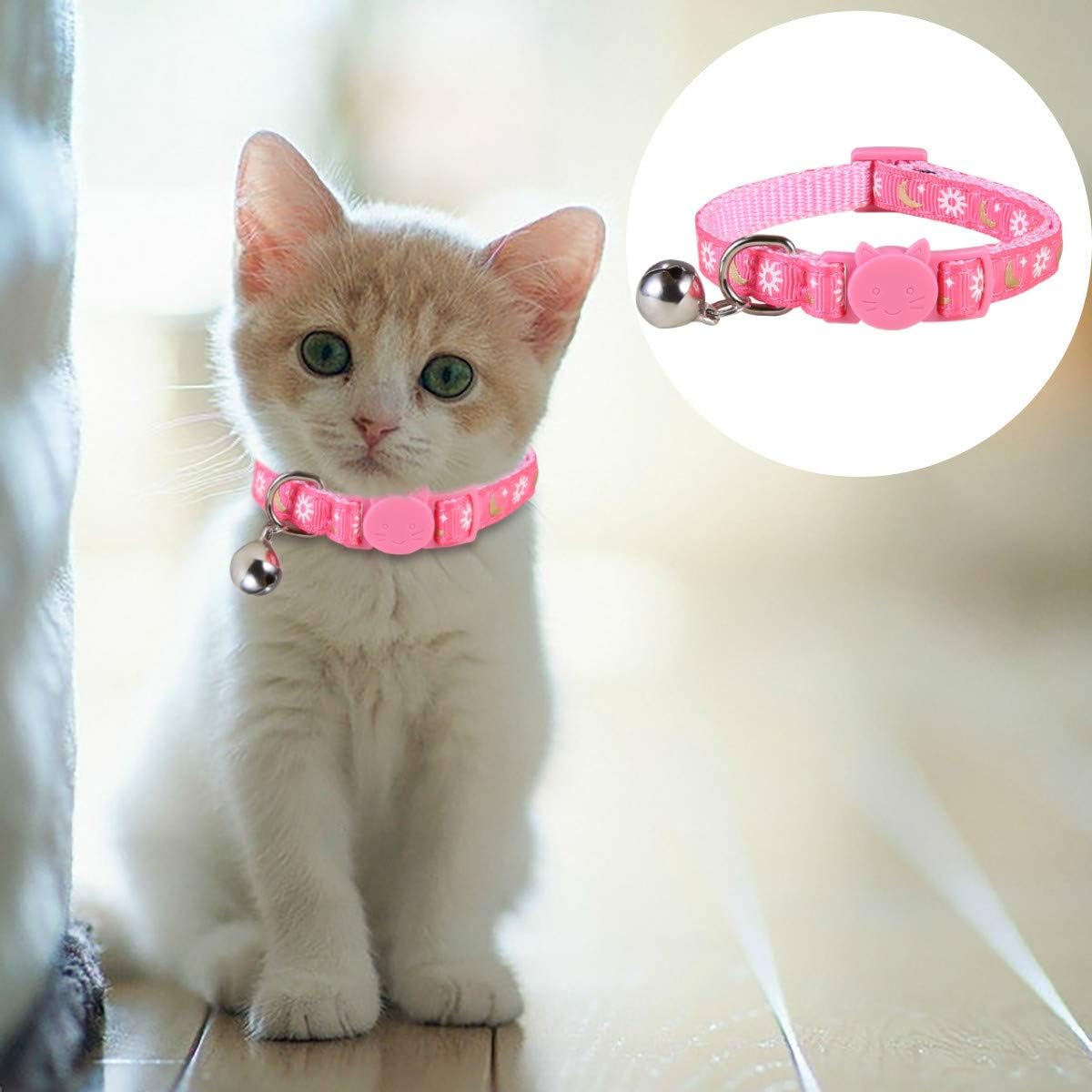 SLSON 3PCS Cat Collar Breakaway Kitten Collar with Bell Cat Collar with Moon Sun and Star Pattern Adjustable from 7-11In, Purple, Pink and Blue