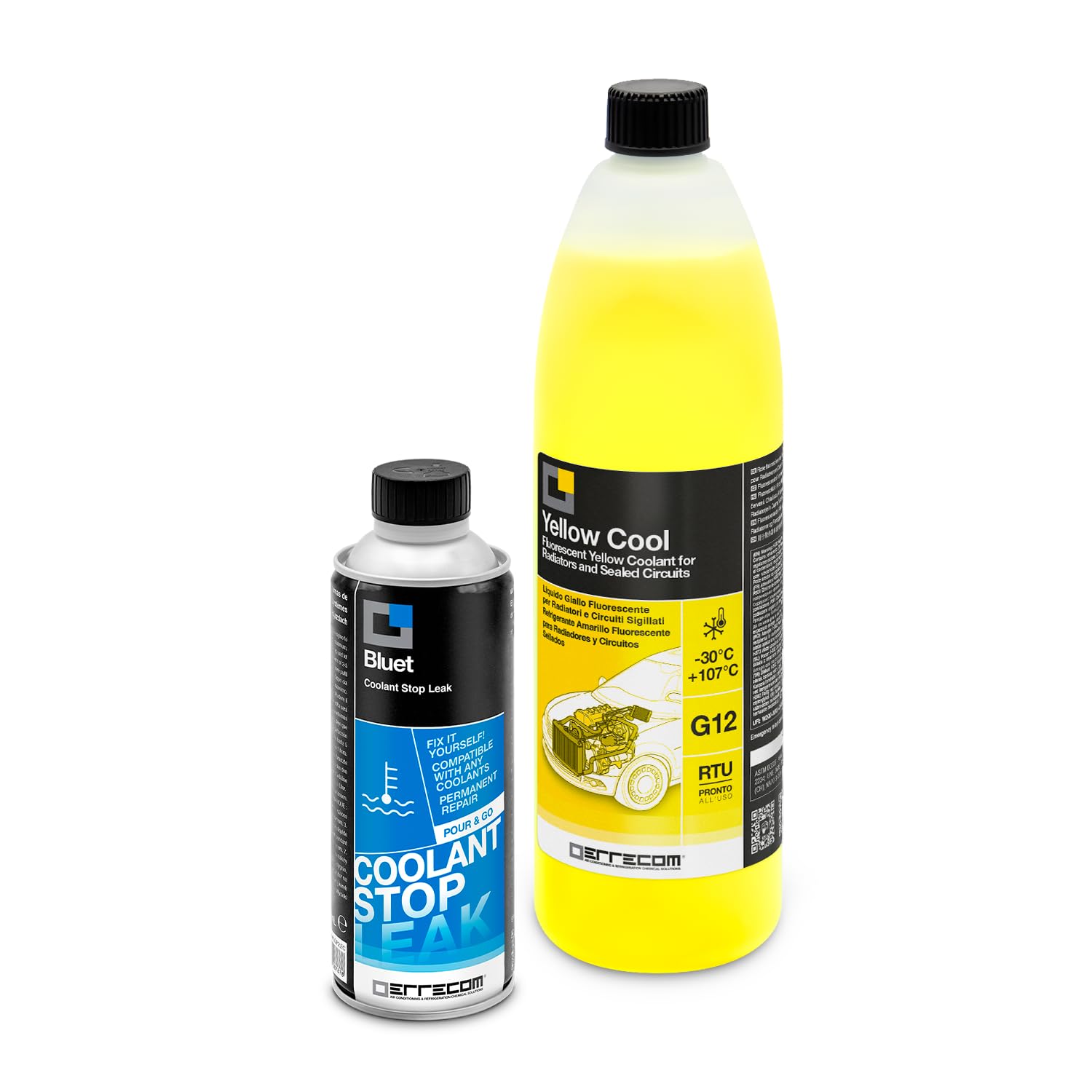 ERRECOM Kit Riparazione e Refill Impianto Raffreddamento Auto, Contiene  Bluet Turafalle Liquido Radiatore (250 mL) + Yellow Cool Liquido Radiatore  Giallo -30C/+107C Pronto all'Uso antigelo G12(1 L) : Amazon.it: Auto e  Moto