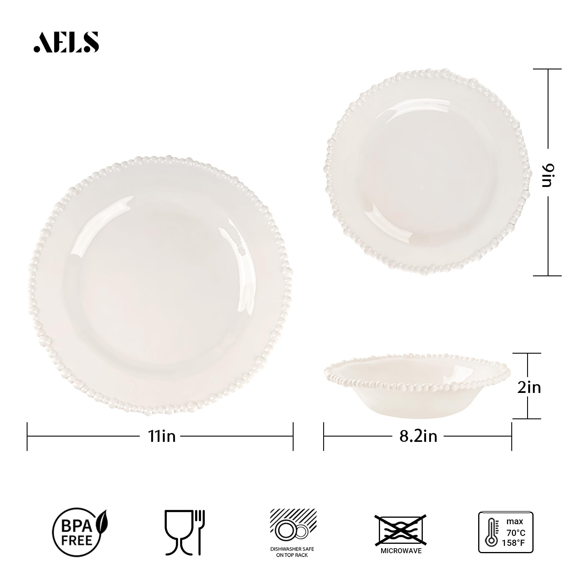AELS Set di 18 piatti in melamina con perline, per interni ed esterni, lavabili in lavastoviglie, leggeri, infrangibili, senza BPA, color crema lucido