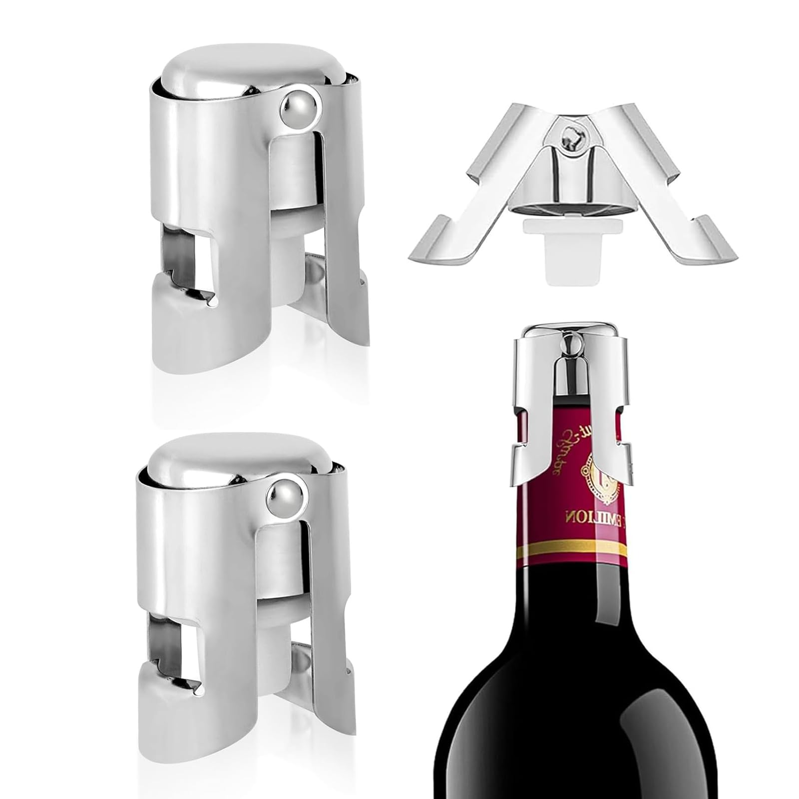 2 Pack Champagne Stoppers, Stainless Steel Sparkling Wine Bottle Sealers with Locking Clamp, Reusable Leak-Proof Champagne Corks to Keep Bubbles Fresh, Airtight Wine Saver for Home, Bar and Party Use