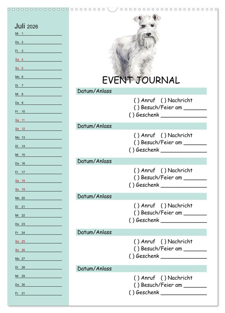 B-DAY PLANER - Aquarell Hunderassen - Für Termine, Geschenke, Eventdetails & mehr (hochwertiger Premium Wandkalender 2026 DIN A2 hoch), Kunstdruck in ... und keinen Anruf mehr. (CALVENDO Menschen)