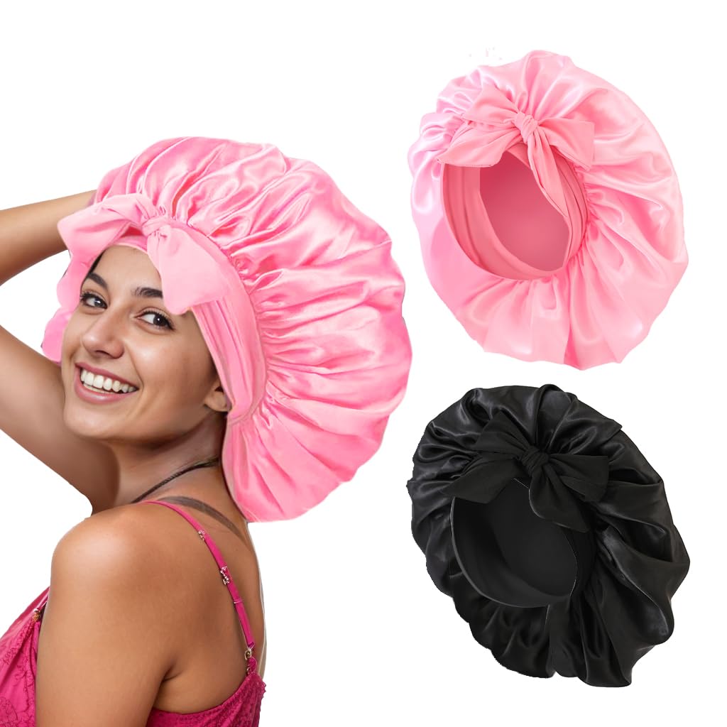 Satin Hair Bonnet for Women Sleeping - 2PCS Silk Bonnet for Sleeping Curly Hair, Soft Breathable Satin Bonnet Sleep Cap with Tie Band Hair Wrap Cap for Sleeping
