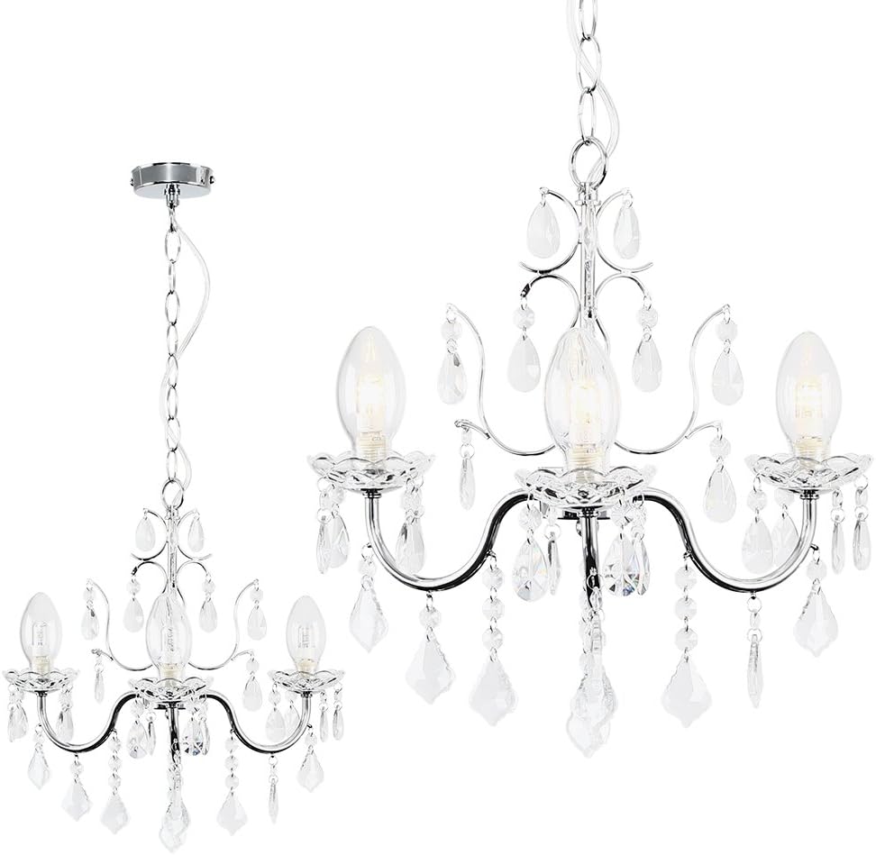 MiniSun | Modern 3 Way Silver Chrome Ceiling Light Chandelier with Clear Glass Droplets | Home Décor, Bedside & Desk Lamp | Mains Wired