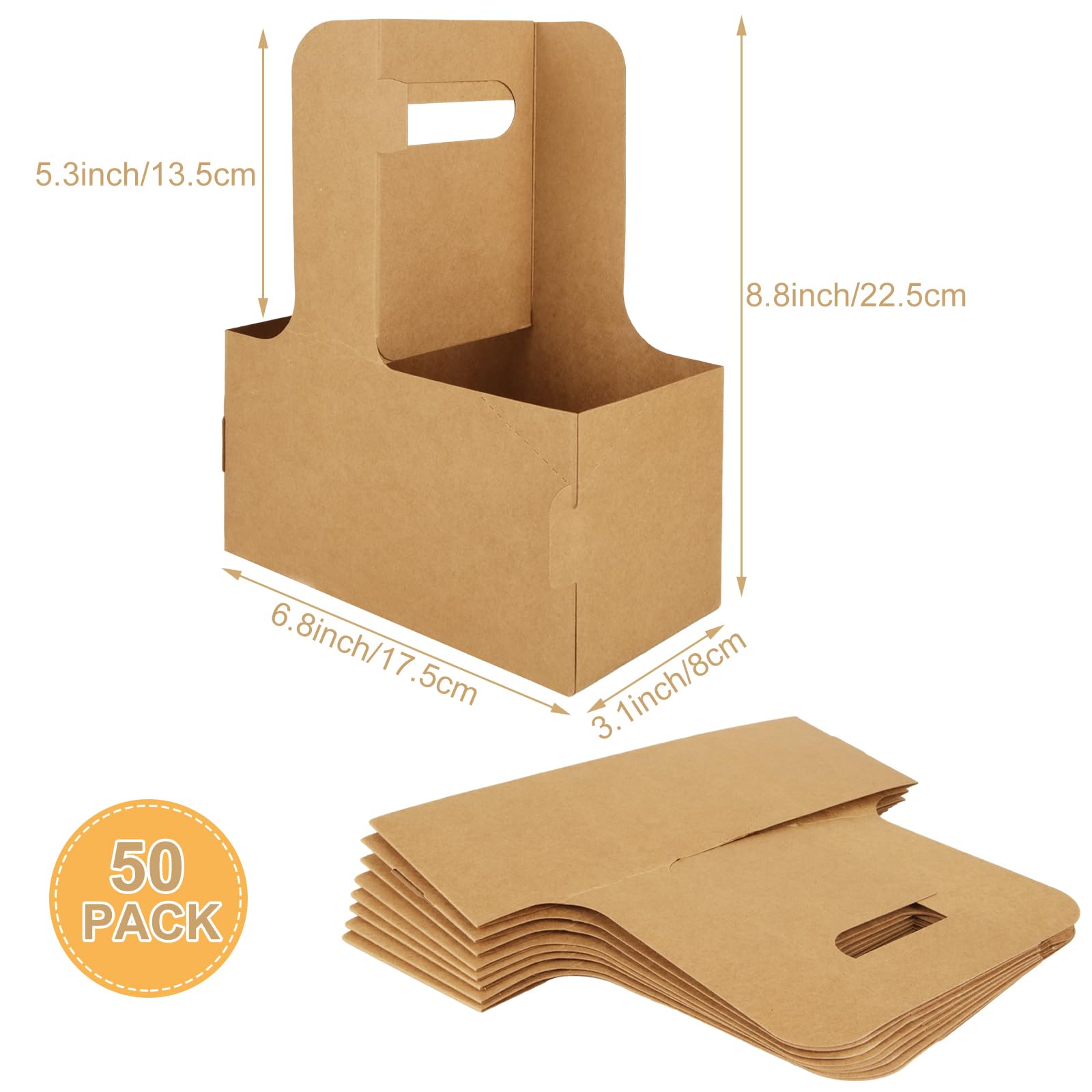 DAJAVE 50 Pack 2 Cup Drink Carrier with Handle, 2 or 4 Cup Carrier Kraft Paperboard Cup Holder for Hot Cold Drinks, Take Out Cup Carriers to Go Coffee Cup Holder for Restaurants Food Delivery