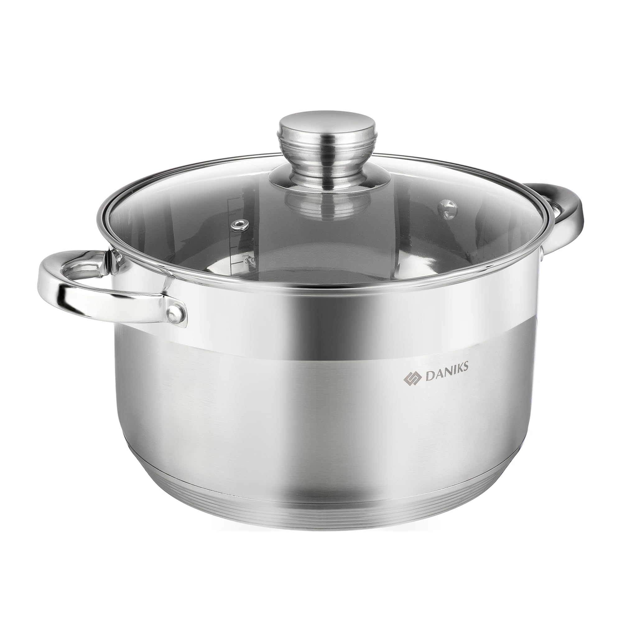 Daniks Standard 7 Quart Stainless Steel Stock Pot with Glass Lid, Try-Ply Bottom for Even Heating, Induction Compatible, Dishwasher Safe, Built-In